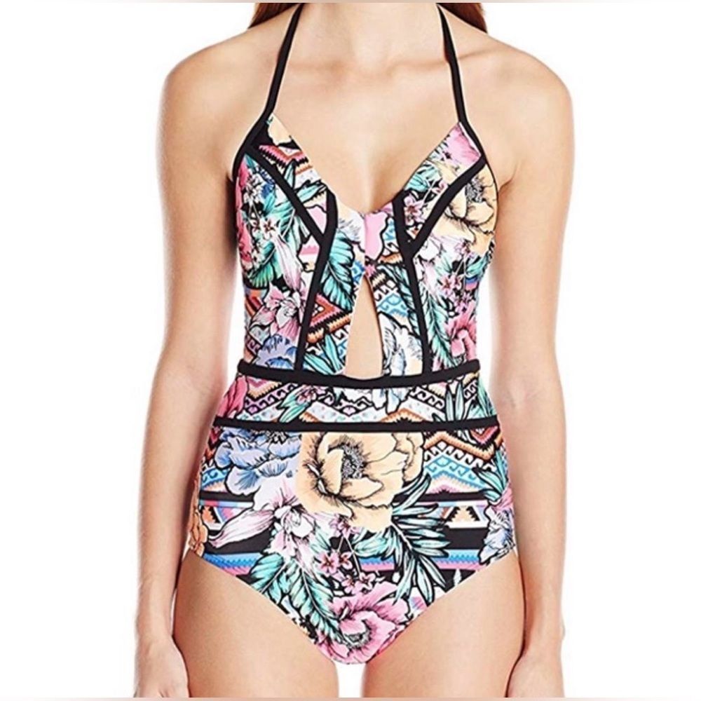 Laundry by Shelli Segal Women’s Floral Halter One-Piece Swimsuit M Black